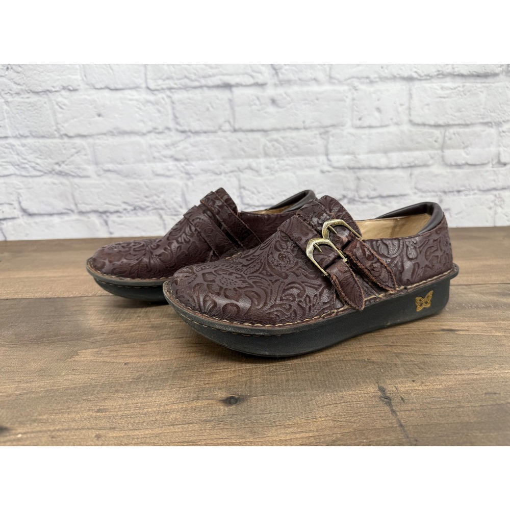 Alegria Leather Clogs Brown Double Buckle Comfort Boho Cottagecore Shoes Size 39